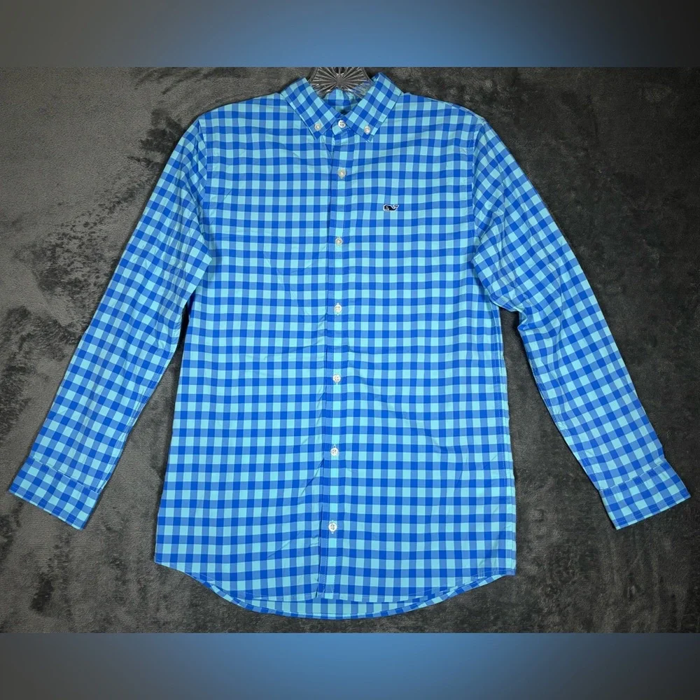 VINEYARD VINES Boys Medium (12/14) Blue Plaid Performance Long Sleeve‎ Button Up